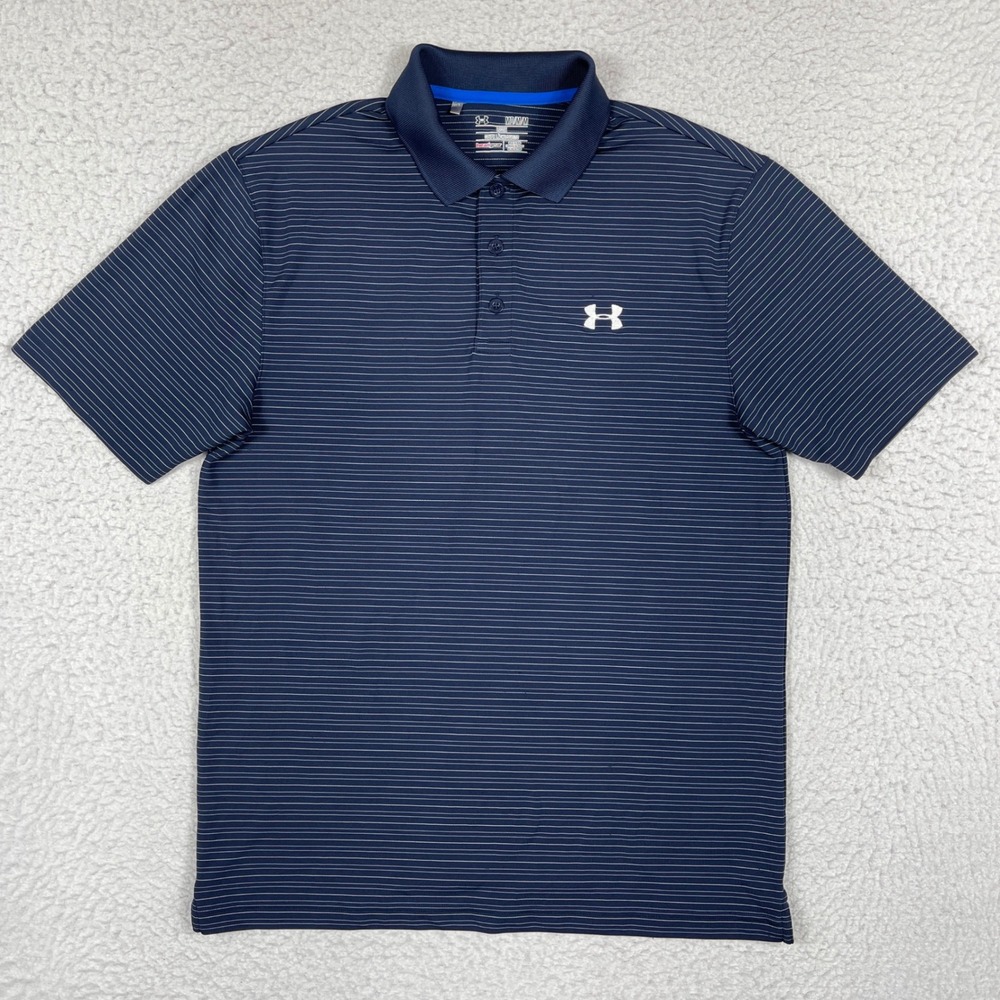 Under Armour‎ Polo Shirt Mens Medium Navy Blue Striped HeatGear Golf 1250196